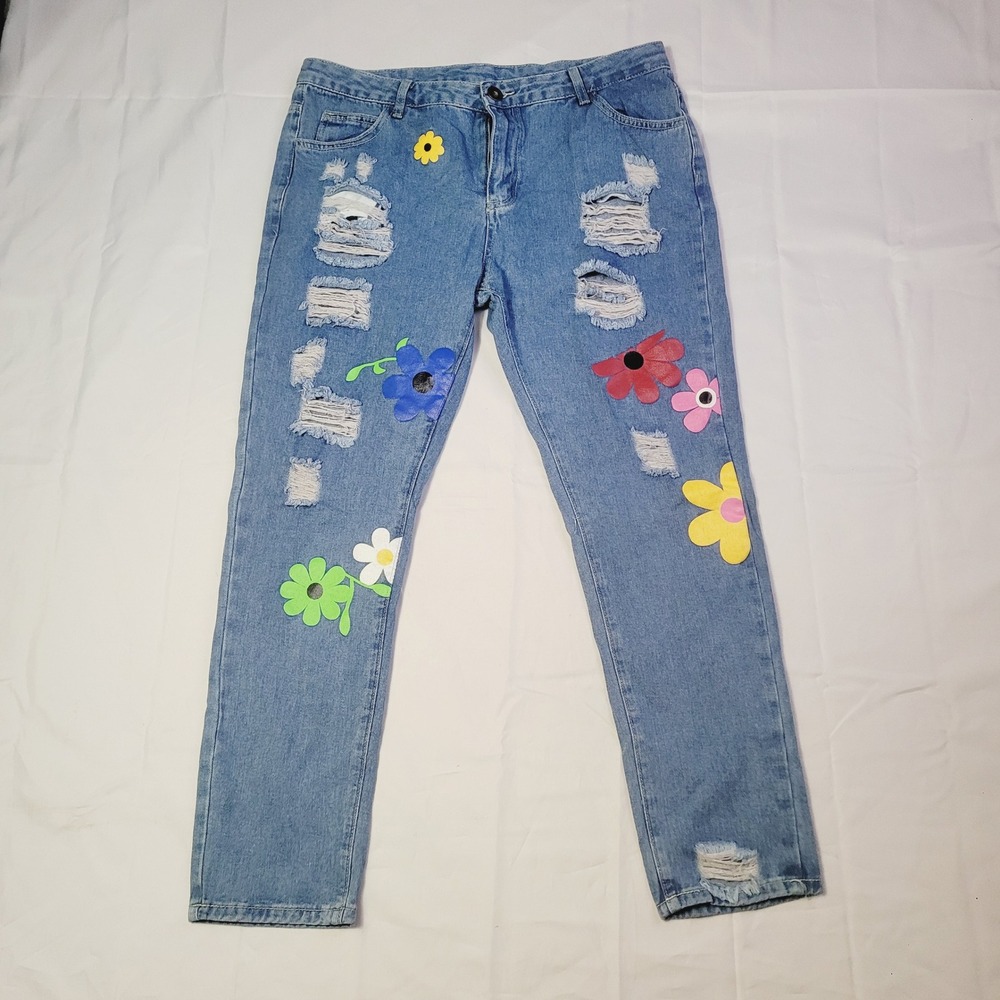 Women's Distressed Jeans 3XL Blue Flower Patch Ripped Denim Pants K785